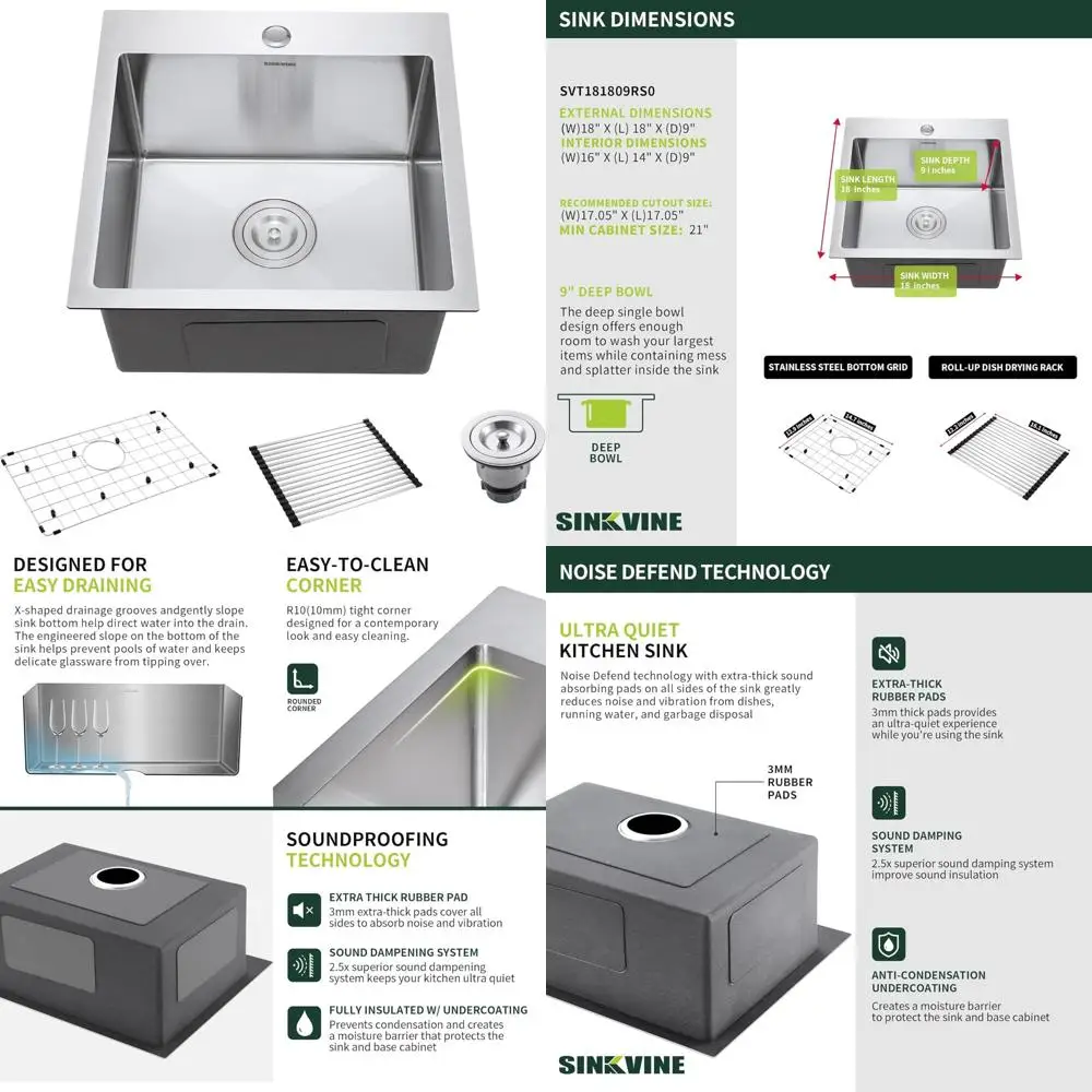 

Deep Single Bowl Stainless Steel Laundry and RV Kitchen Sink, 18-Inch Drop-In Top Mount Sink with 3.5-Inch Drain