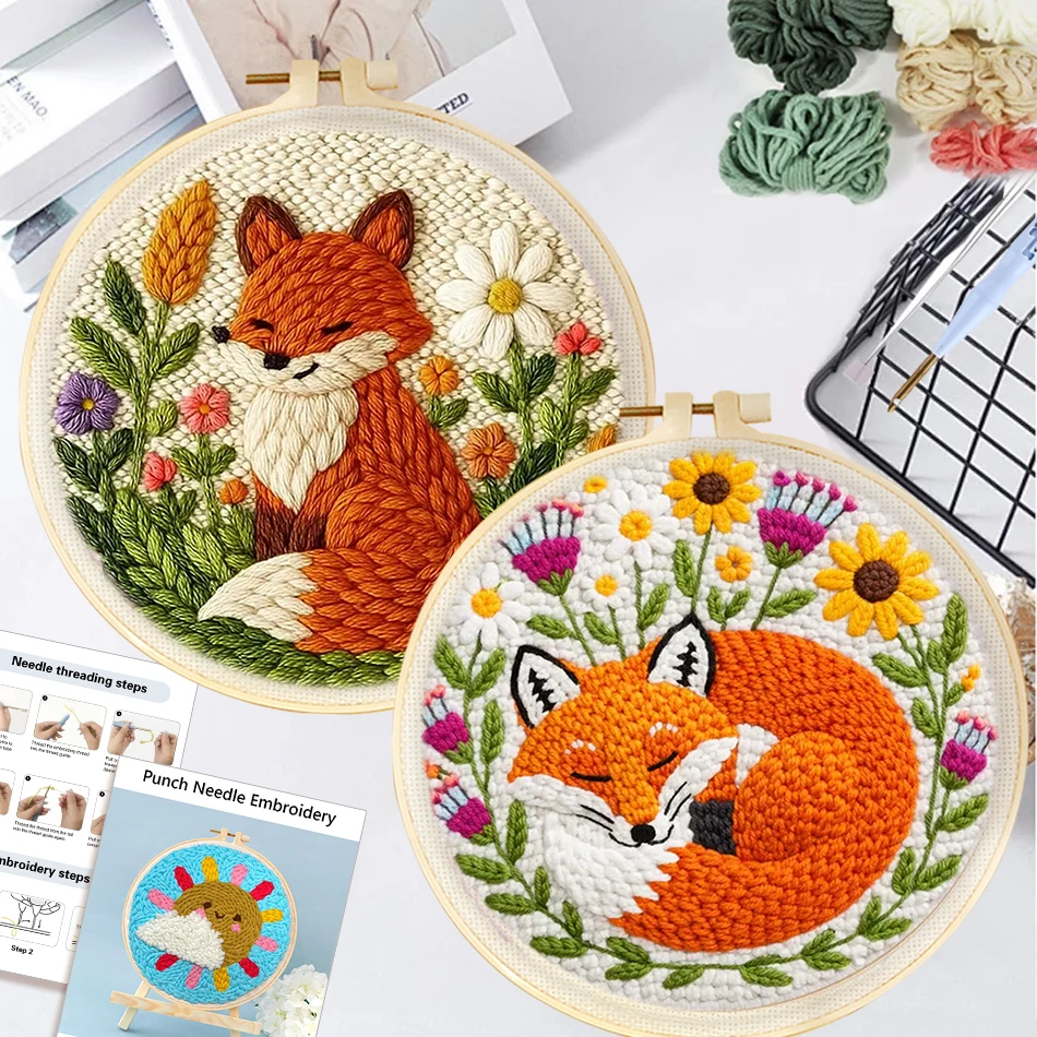 20x20cm Punch Needle Embroidery Starter Kits Fox Pattern for Adults Beginners Punch Needle Kits Easy Handicraft DIY Decor Gift