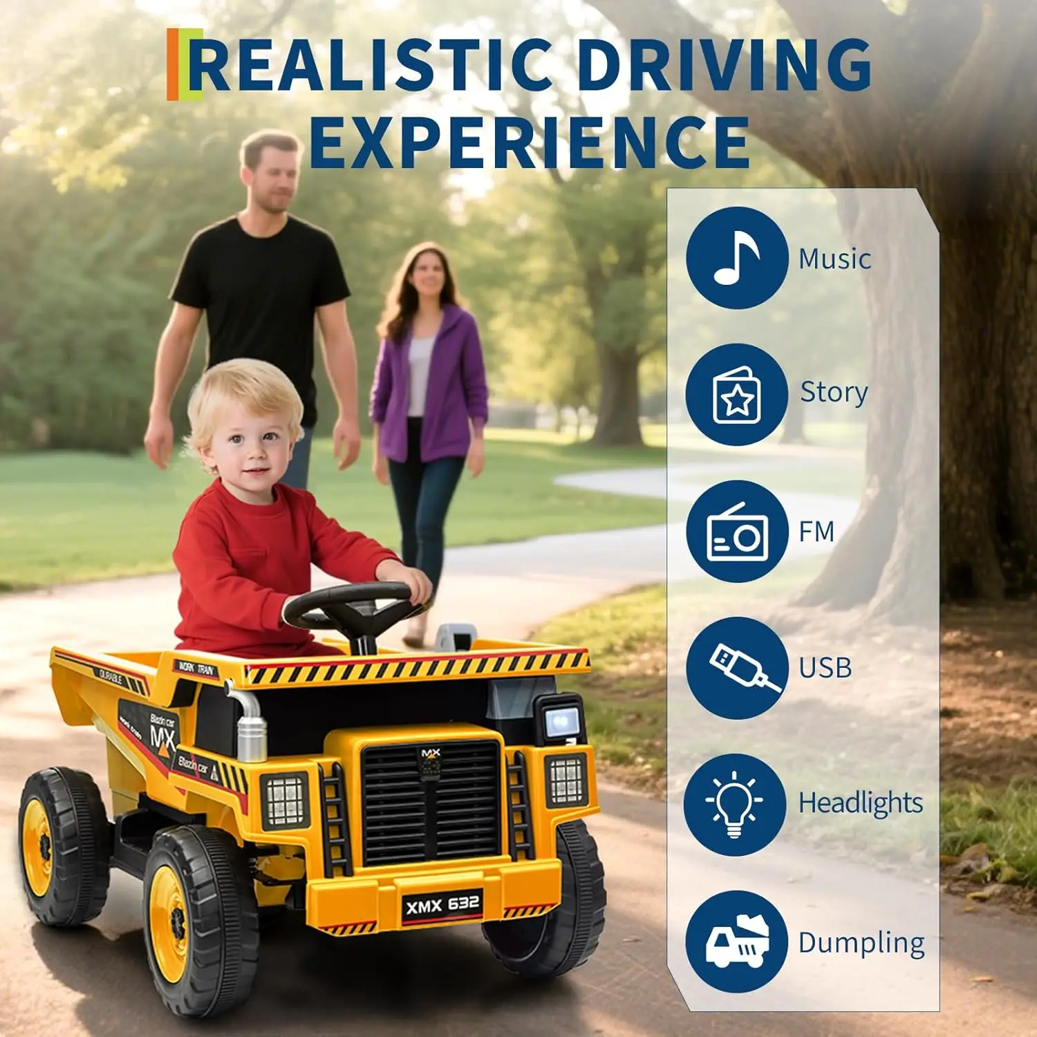 12V Kids Ride-on Dump Truck with Remote Control, Electric Dump Bed&Shovel, Bluetooth Music, LED Lights Construction Toy Vehicle