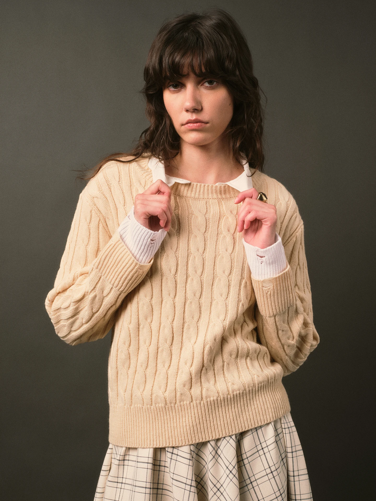 

TOP Home lectual MIU Vintage Wool Blend Detachable Fake Collar Color Blo Overhead Twisted Knit Sweater Casual Loose Fit