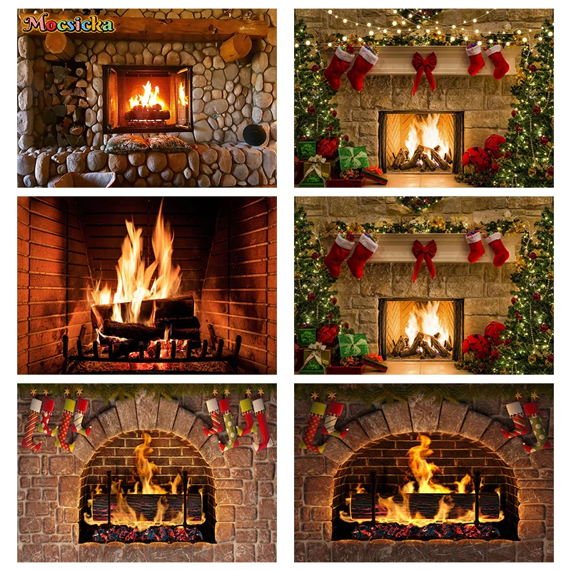 Mocsicka Christmas Decoration Photography Background Xmas Tree Sock Gift Fireplace Burning Flames Stone Wall Photo Backdrop Prop