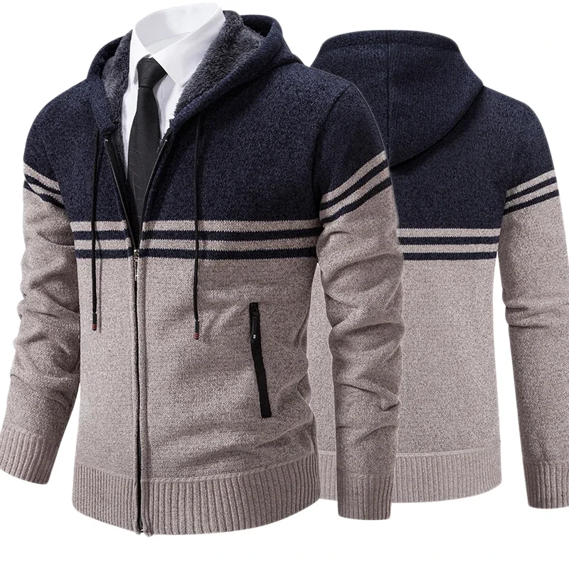 Casaco de lã grosso com capuz masculino, suéter quente, gola alta, zíper, casaco listrado, moda casual, novo, inverno