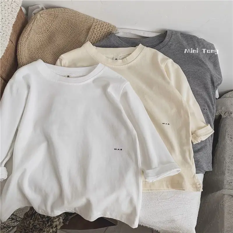 Soft Breathable 2025 Children's Loose Round Neck Long Sleeved T-shirt Unisex Boys and Girls Basic Base Shirt Spring Autumn