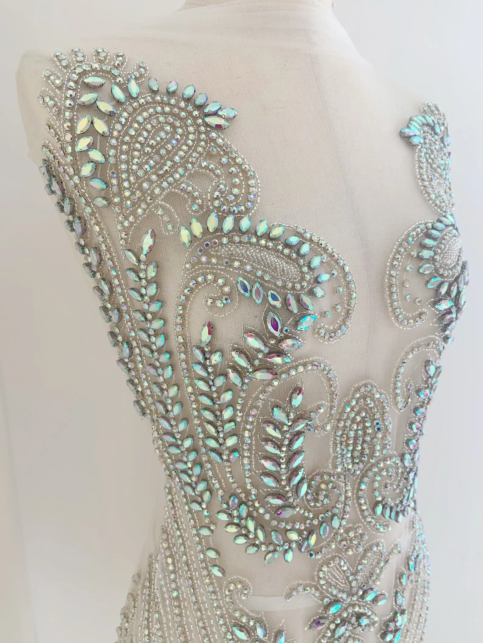 Large Iridescent Rhinestone Appliqué, Rhinestone Bodice Dress, Crystal Appliqué for Couture, Dress, Dance Costume