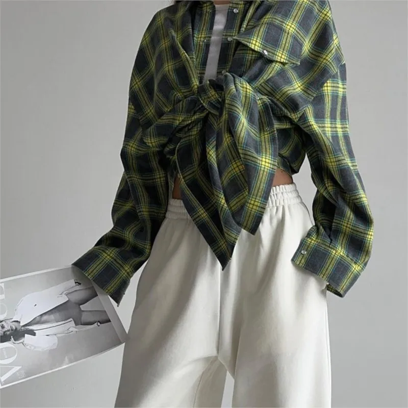 Retro Plaid Shirt Women Sring Autumn Long Sleeve Lapel Loose Shirts Coats Y2k Fashion Pocket Women's Blouse Tops Street Wear