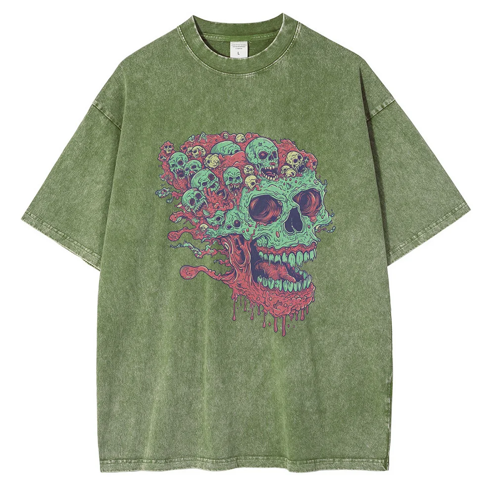 Monster Zombie Skull Graphic T Shirts Heavyweight Cotton Distressed Washed Mens Tops Colorful Cartoon Style Oversized T Shirt