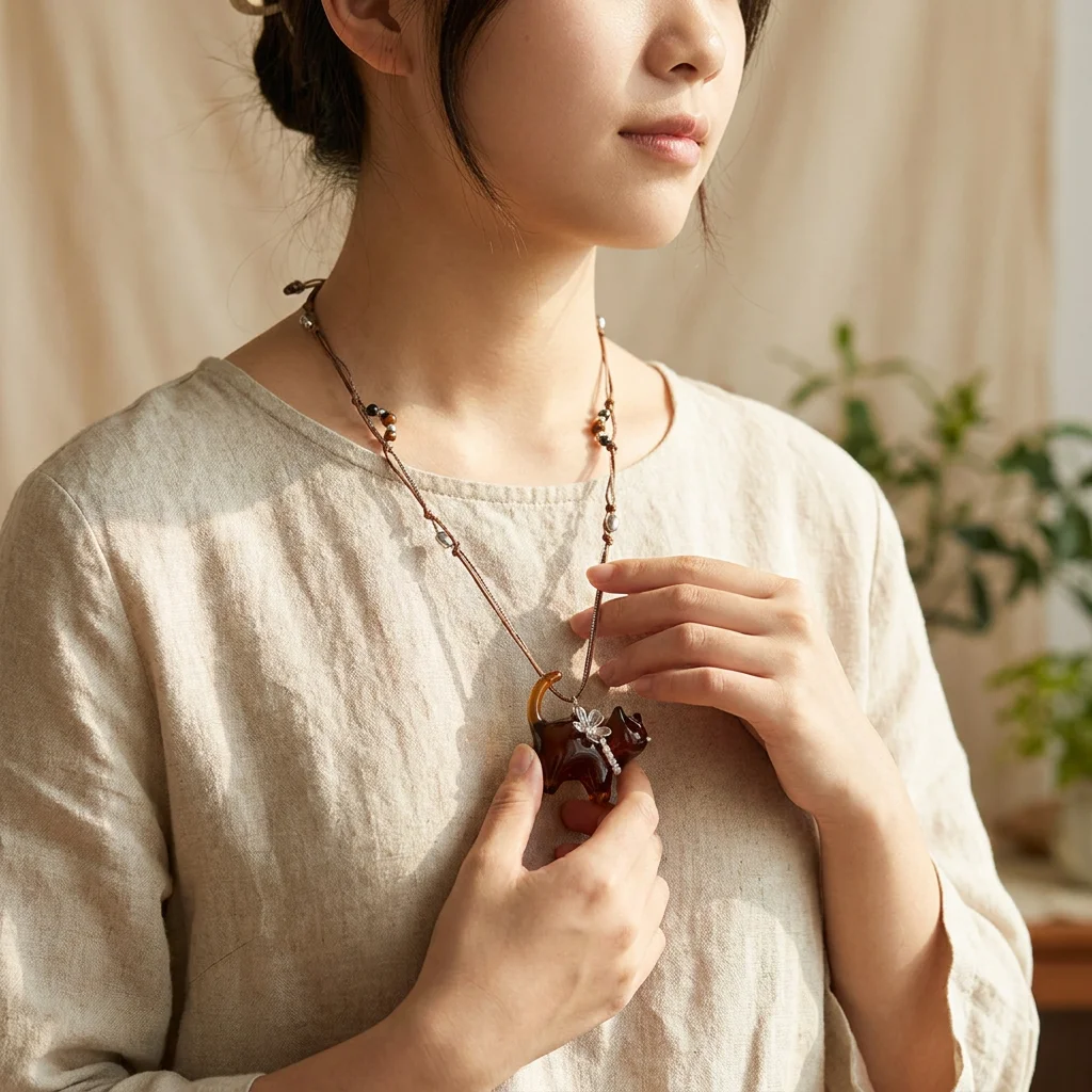 Cute Cartoon Amber Cat Women Necklace Hand-woven Long Rope Resin Kitten Retro Sweater Chain