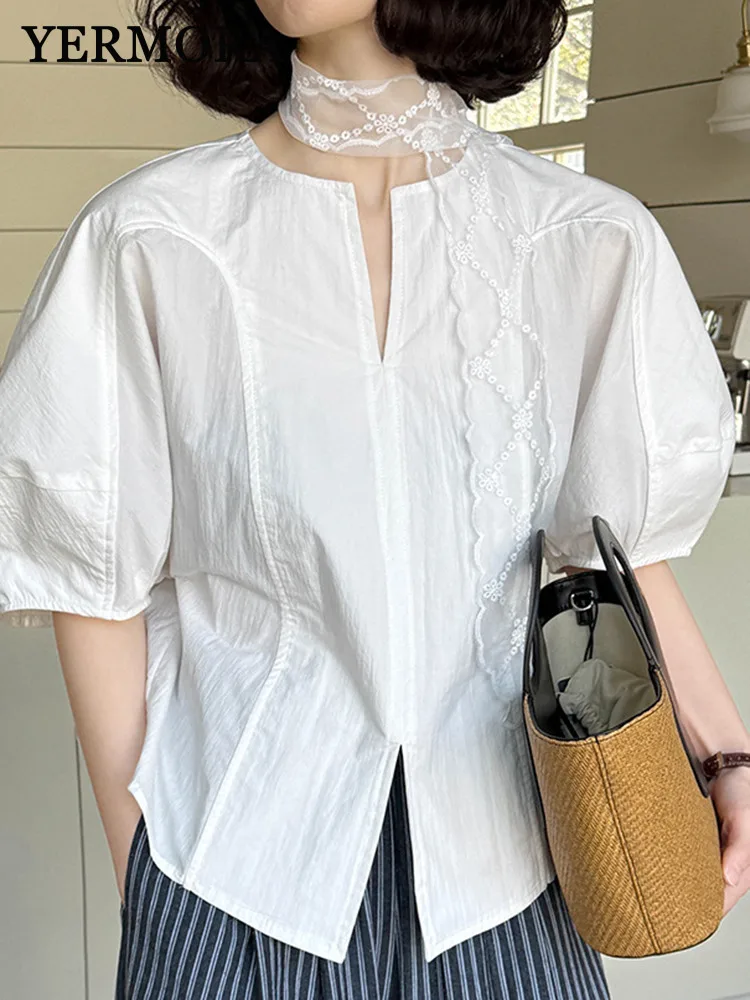 

YERMORA White Belt Lace Brief Casual Blouse For Women V-neck Half Sleeve Loose New Shirt Fashion Tide Spring Summer 2025