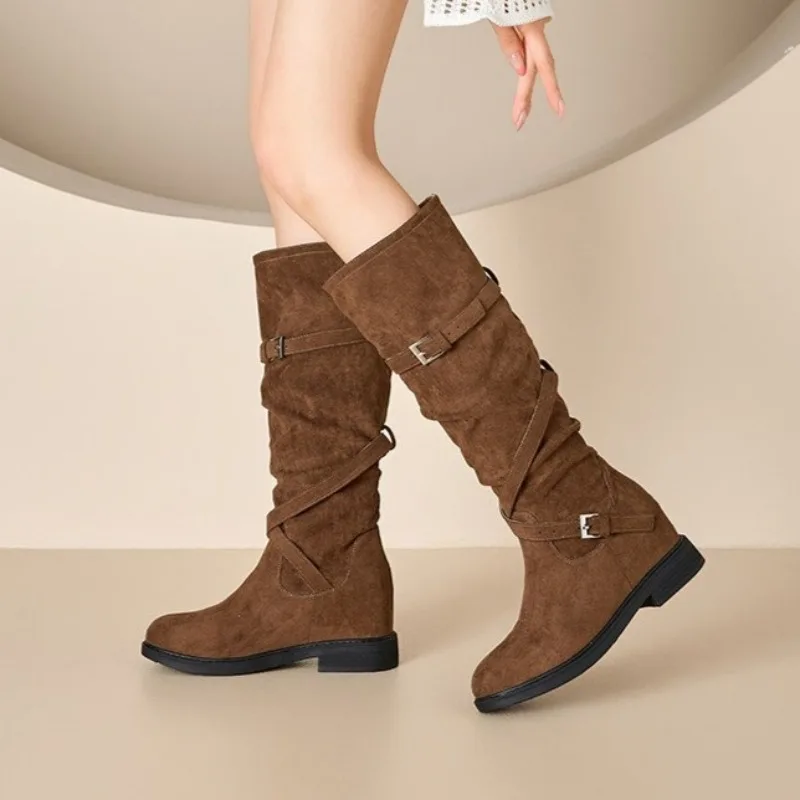 2026 Women's Autumn Winter Fashion Boots Increased Height Long Tube Wide Leg Boots Thickened round Toe