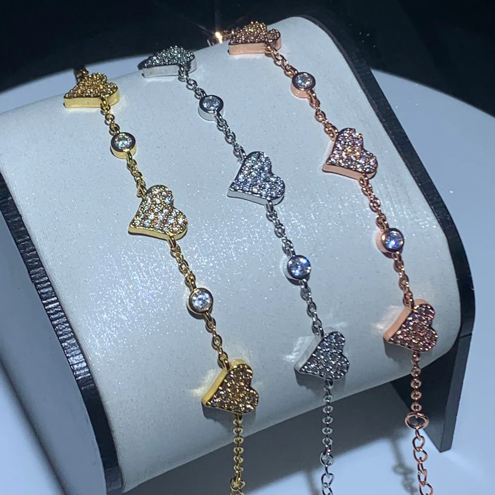 Cute Lovely CZ Station Link Chain Jewelry 3 Color Sparking 5A Cubic Zirconia Heart Charm Bracelet