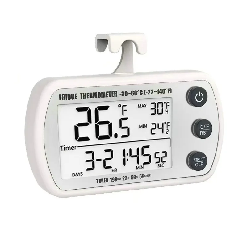 Upgraded Fridge Thermometer - IP65 Waterproof & Moisture-Proof. ±0.1℃ Accuracy, -50~70℃ Range, Magnetic Back & Hanging Hook.