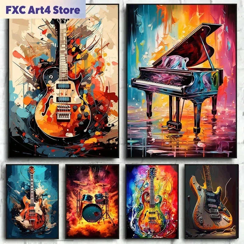 Frameless Abstract Colorful Art Musical Instruments Drum Kit Guitar Posters Prints Canvas Paintings Music Wall Art Picture Home