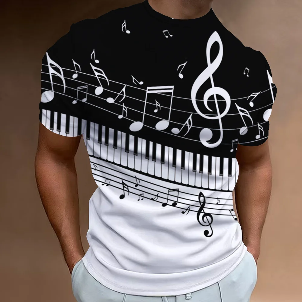 Retro Herren T-Shirt 3D-Musiknoten gedruckt Männer Kleidung täglich lässig Kurzarm Street Designer T-Shirts Top lose übergroße Hemd