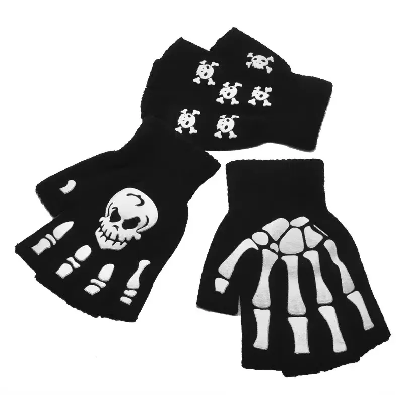 AliExpress 1-9pcs New Adult Kids Halloween Skeleton Skull Half Finger Luminous Punk Gloves Winter Skull Fingerless Black Mitten