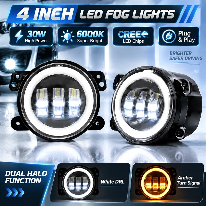 4 inch Car LED Headlight 30W LED Fog Light With White Halo Ring DRL Angel Eyes Light For Jeep Wrangler JK Dodge Off-Road