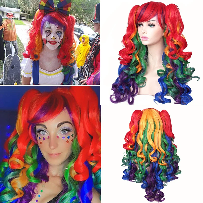 

Rainbow Color Long Curly Hair Ball Ceremonial Dress Headwear Wig Cover Birthday Party Clothing Accessories Double Ponytail Wig