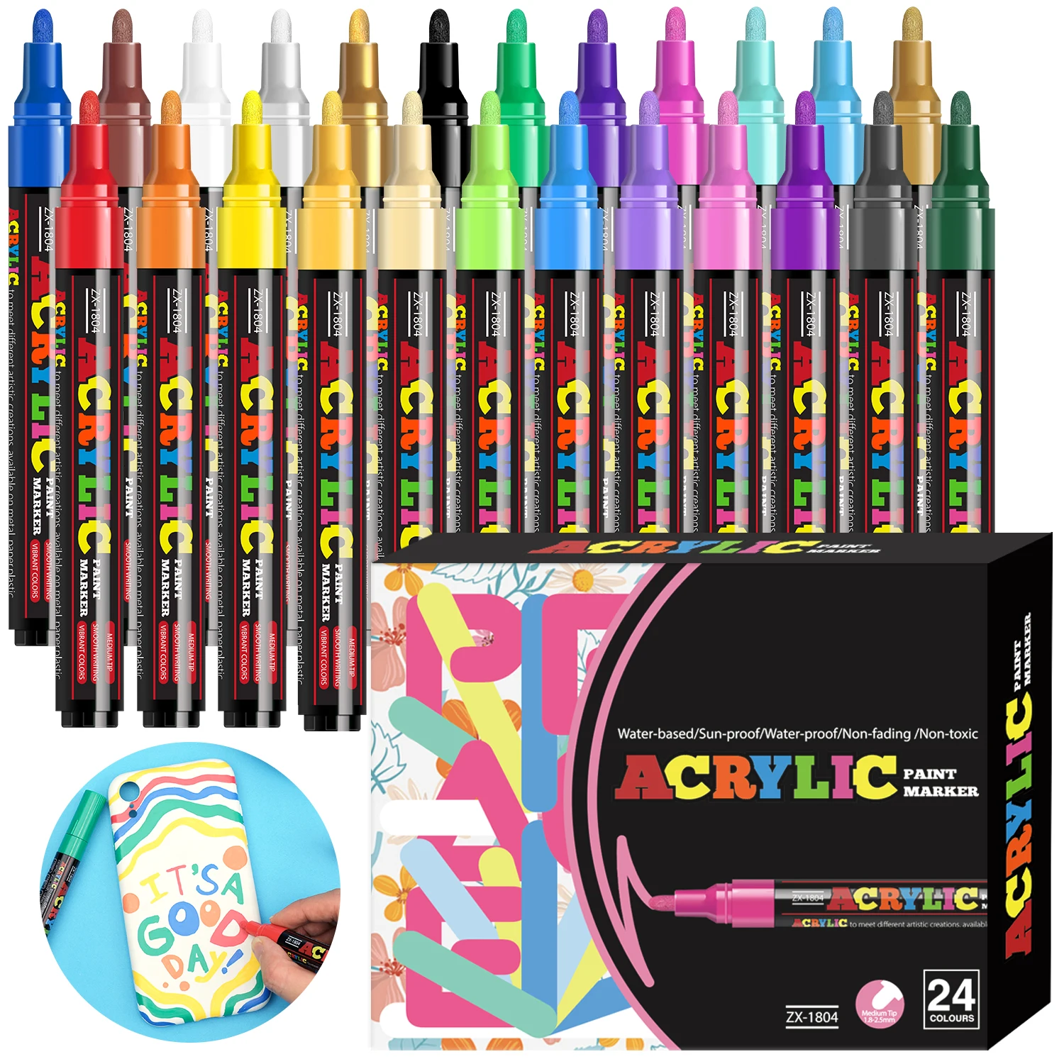 12/18/24 Stück lebendiges Acryl-Marker-Set, mittlere Spitze (2–3 mm), Markierungsstifte für Felsmalerei, schwarzes Papier, Skateboard-Dekoration – Detail 1
