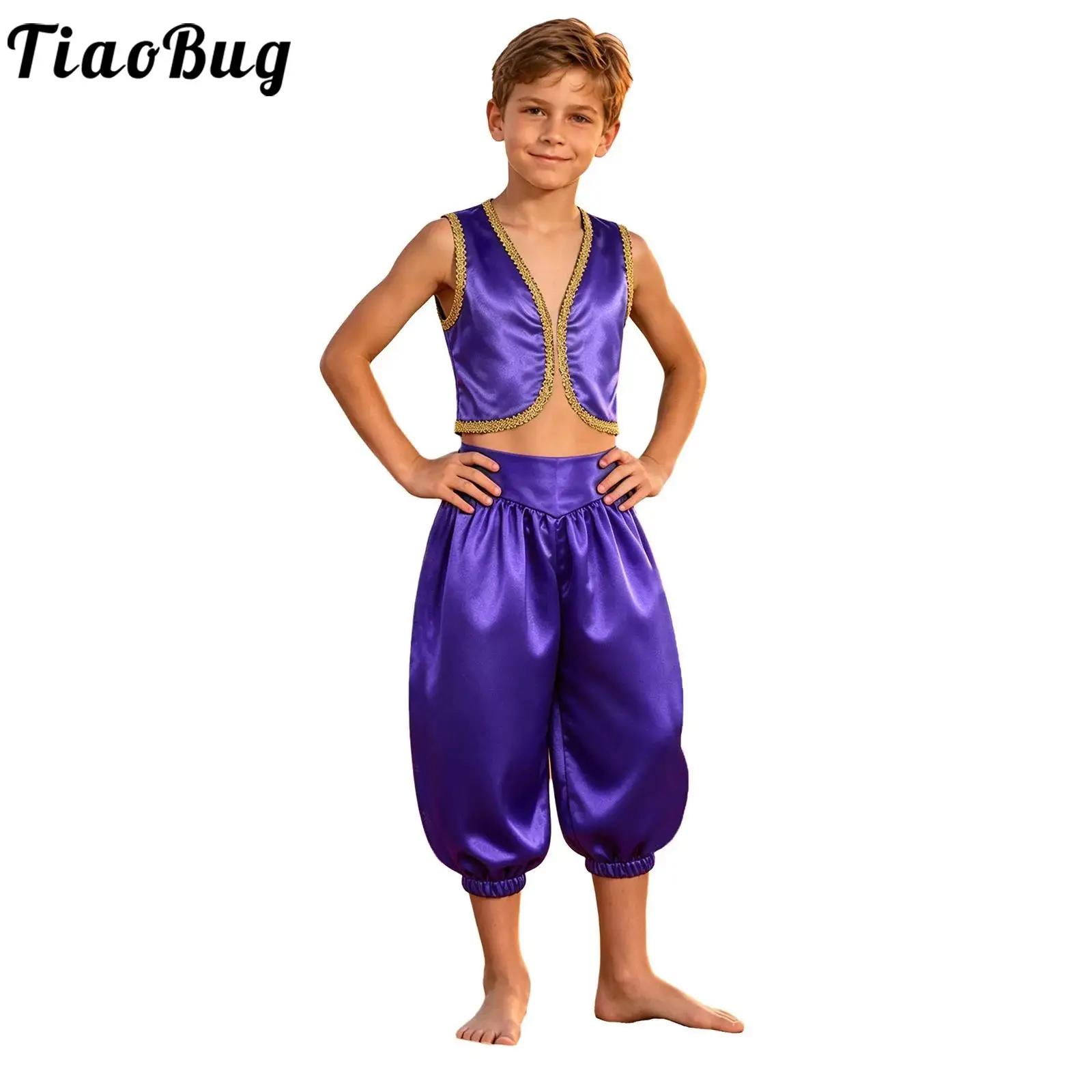 Kids Boys Halloween Arabian Prince Cosplay Costume Fairy Tale Role Play Dress Up Open Front Golden Braided Trim Vest+Capri Pants