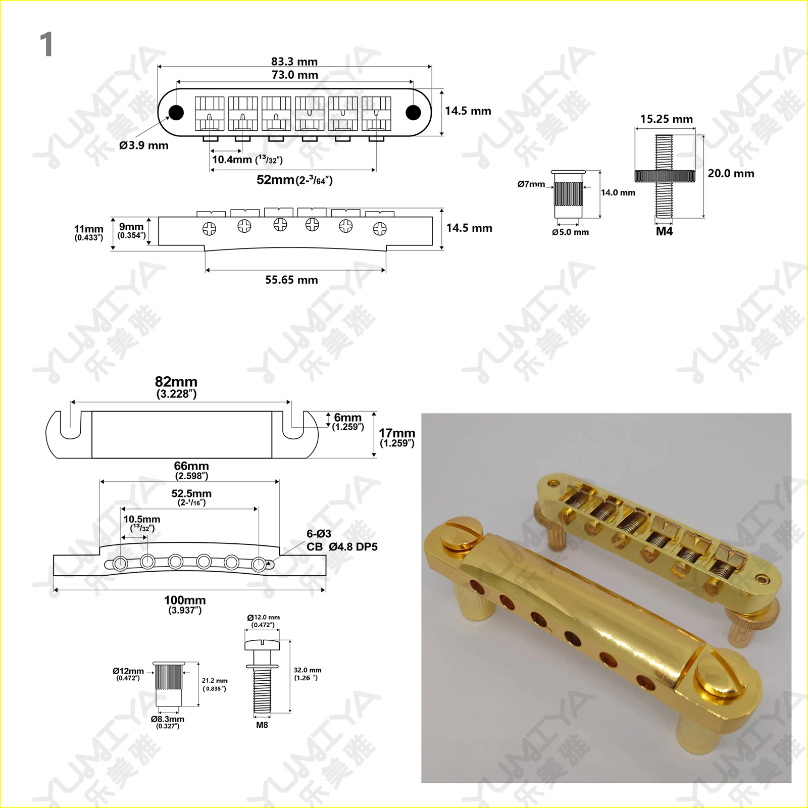 Tune-O-Matic Guitar Fixed Saddle Bridge Tailpiece 1 Set Gold for ABR-1 LP SG Electric guitars Replacement parts