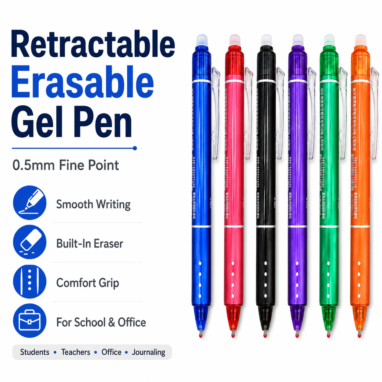 6Pcs Retractable Erasable Gel Pens 0.5mm Multi-color Ink Bullet Washable Handle Magic Refills Rod Super Capacity Ink Writing