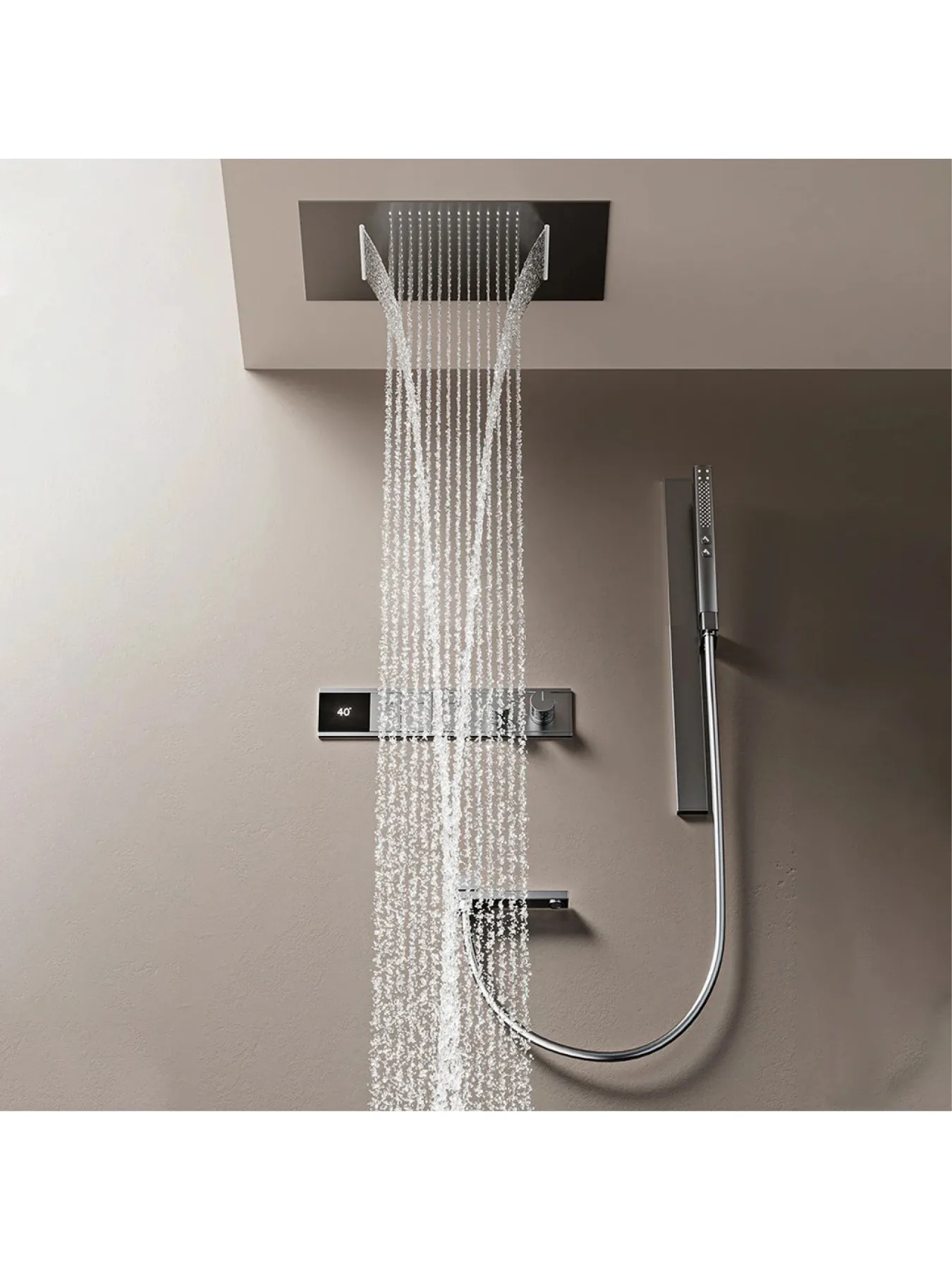 4 function bathroom ceiling design faucet Gun gray luxury brass constant temperature digital shower system. Hot and cold water