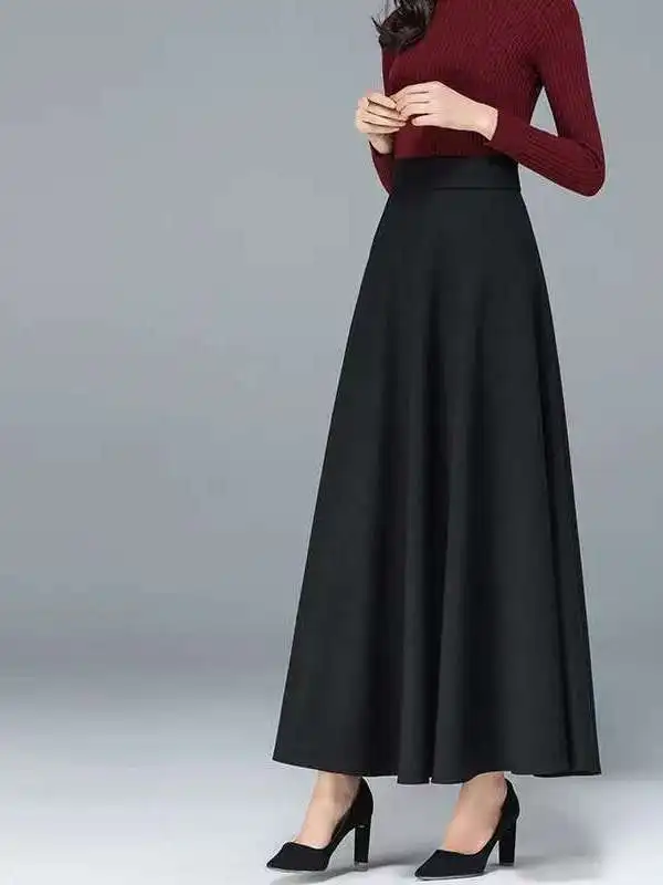 Elegant Black Long A-Line Midi Skirt for Women Slimming Wide Hem High Waist Korean Style Commute Casual plus Size Skirt