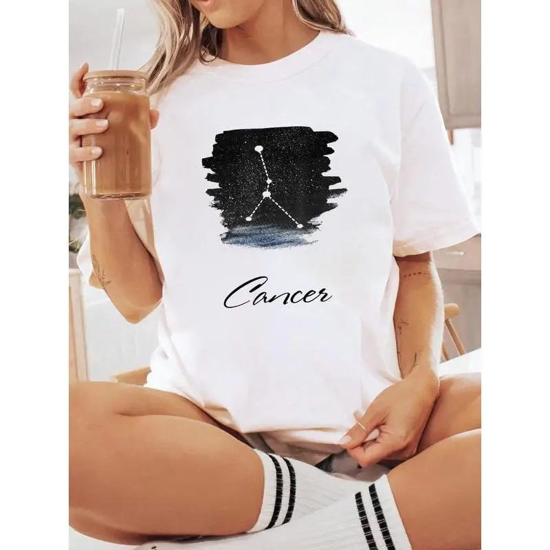 

Women's Cancer Zodiac T-Shirt Astrology Constellation Graphic Tee Birthday Gift Mystical Star Sign Cotton Top