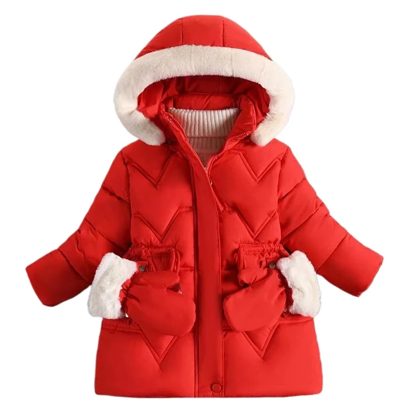 Winter Girl Fur Coat Down Jacket Hooded with Gloves Detachable Baby Toddler Girls Clothes Kid Children Snow Wear Thick Warm