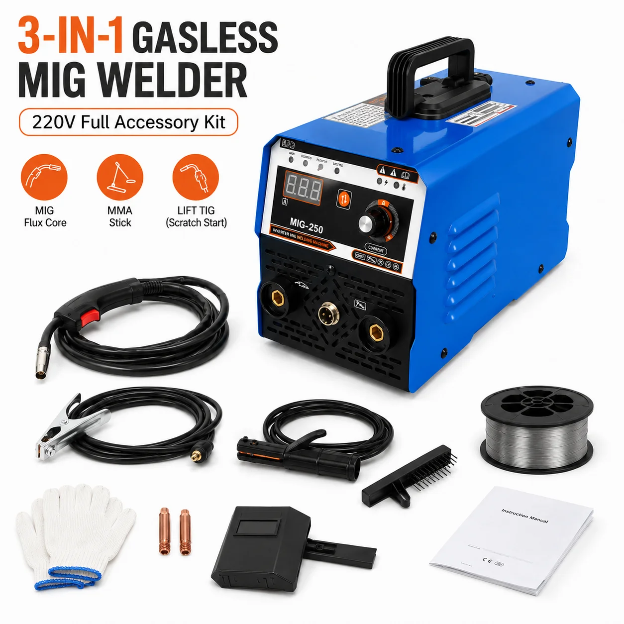 Portable Inverter 3‑in‑1 GASLESS MIG WELDER Welding Machine, 120A Gasless CO2 Welder 110V 220V Full Accessory Kit