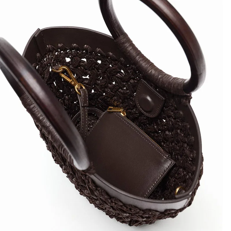 Hollow Crochet Straw Basket Bags for Women Round Handle Handbags Bohemian Woven Beach Bag Summer Shoulder Crossbody Bag NEW