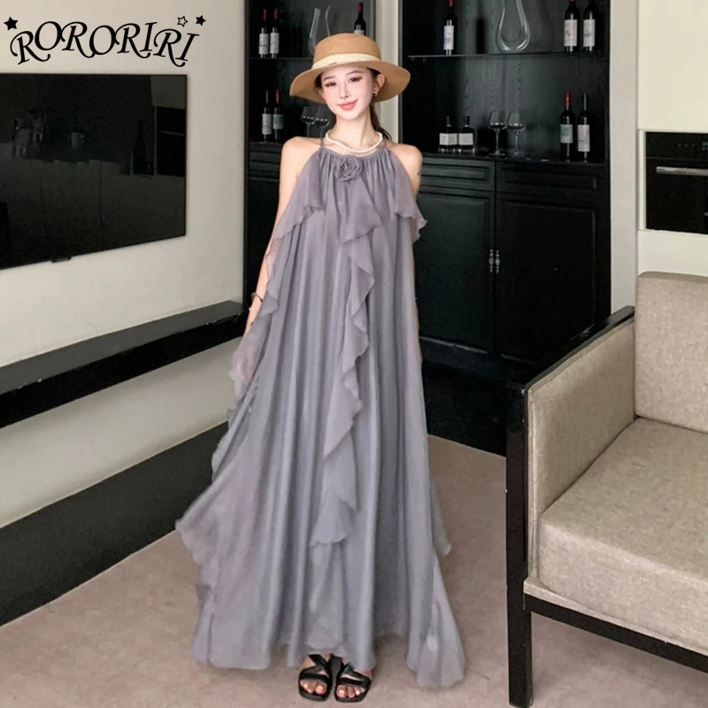 

RORORIRI Flowy Ruffle Flower Camisole Dress Women Sleeveless Off-shoulder Solid Loose Draped Long Dress Holiday Summer Clothing