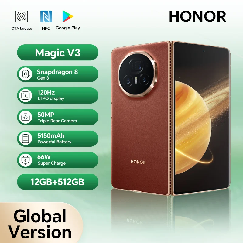Складной телефон Honor Magic V3 5G LTPO OLED Дисплей 120 Гц 7,92 дюйма 50 МП Тройные камеры Смартфон Snapdragon 8 Gen 3 5150 мАч 66 Вт