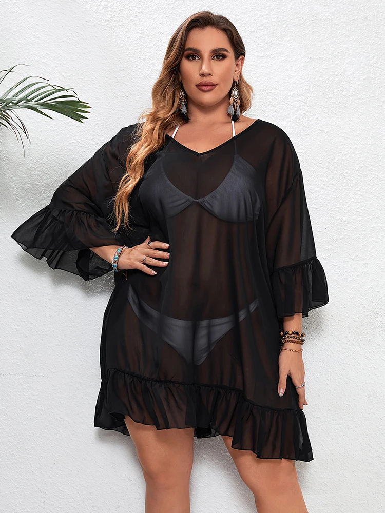 Plus Size Women’S Bathing Suit Cover Up For Beach Swimwear Blouse Ruffled Cover-Up Dress Summer Swim Beach Wear Bathing Suits image 3
