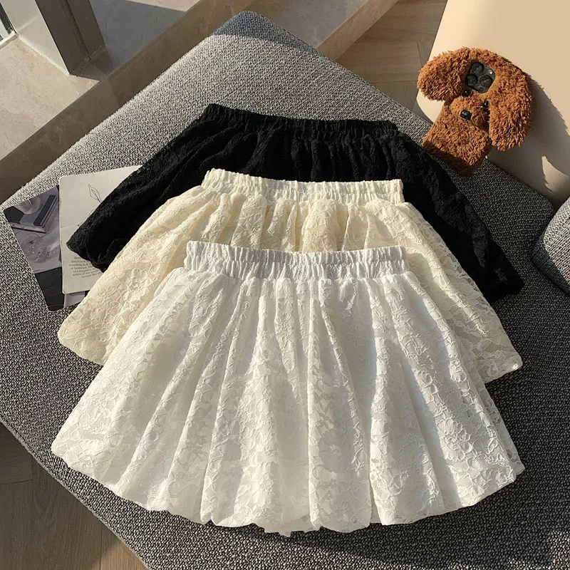 

Белая кружевная пышная юбка с цветочным узором на резинке, женская универсальная короткая юбка А-силуэта с высокой талией, утягивающая, сексуальная, с защитой от просвечивания