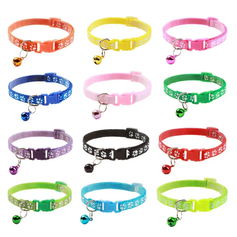 1Pc Colorful Cute Cat Collar with Bell Adjustable Buckle Pet Collar Footprint Personalized Kitten Puppy Collar Kitten Accessorie