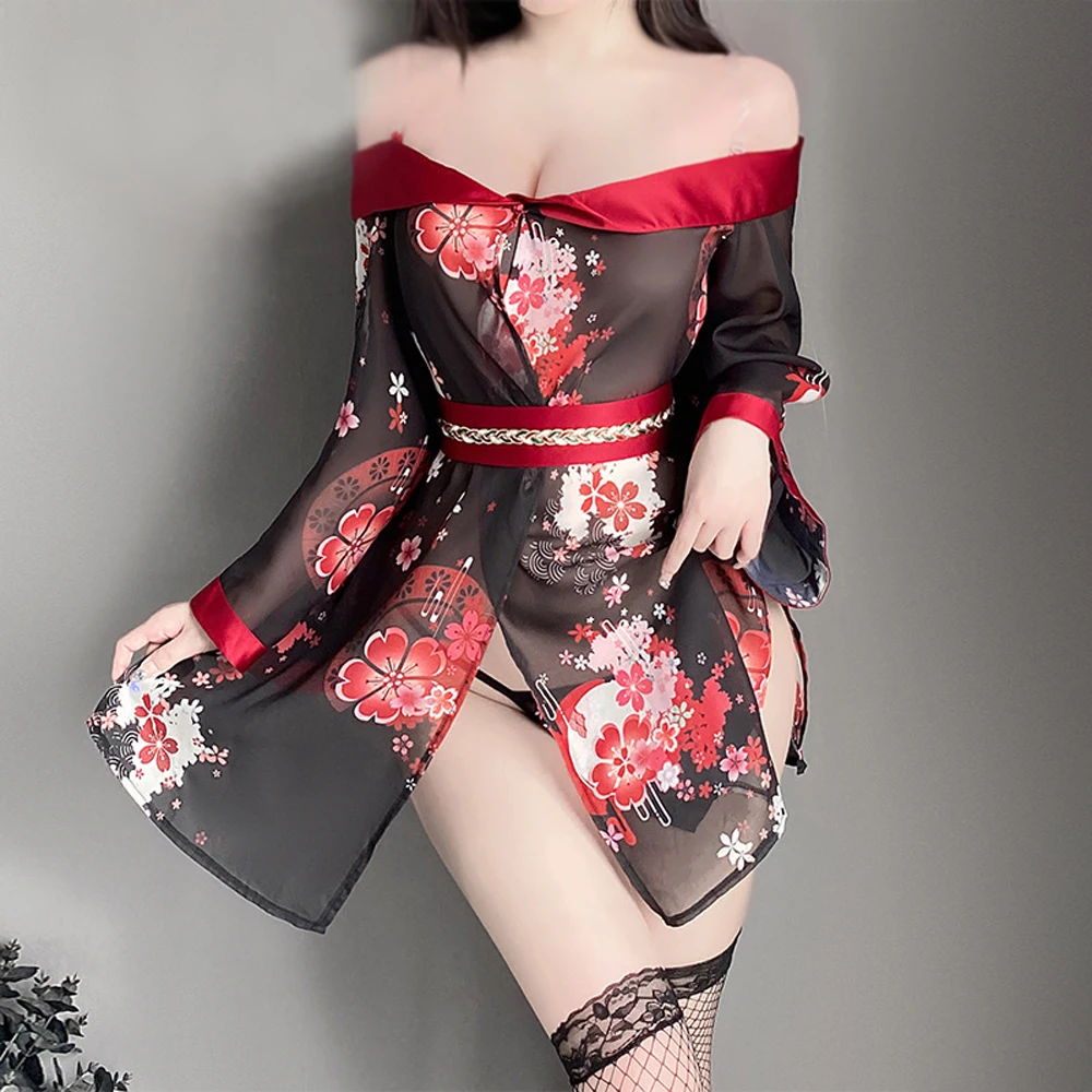 

Women Sexy Exotic Halloween Christmas Cosplay Nightdress G-string Haori Japanese Japan Kimono Nightgowns Off shoulder Dress