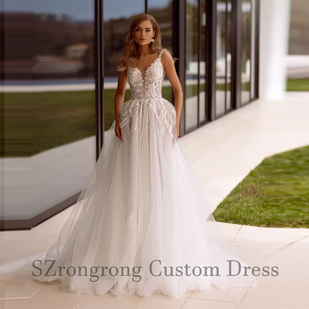 

Boho Spagheeti Straps Tulle Appliques Wedding Dress Lace A-line Backless Classic Bridal Dress with Sweep Train Custom Made