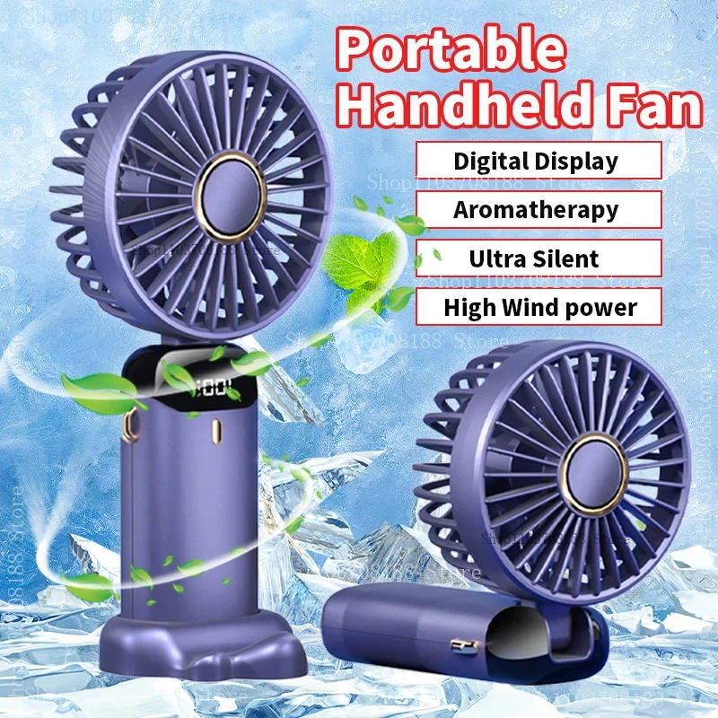 3000mAh Handheld Mini Fan Foldable Portable Neck Hanging Fans 5 Speed USB Rechargeable Fan with Phone Stand and Display Screen