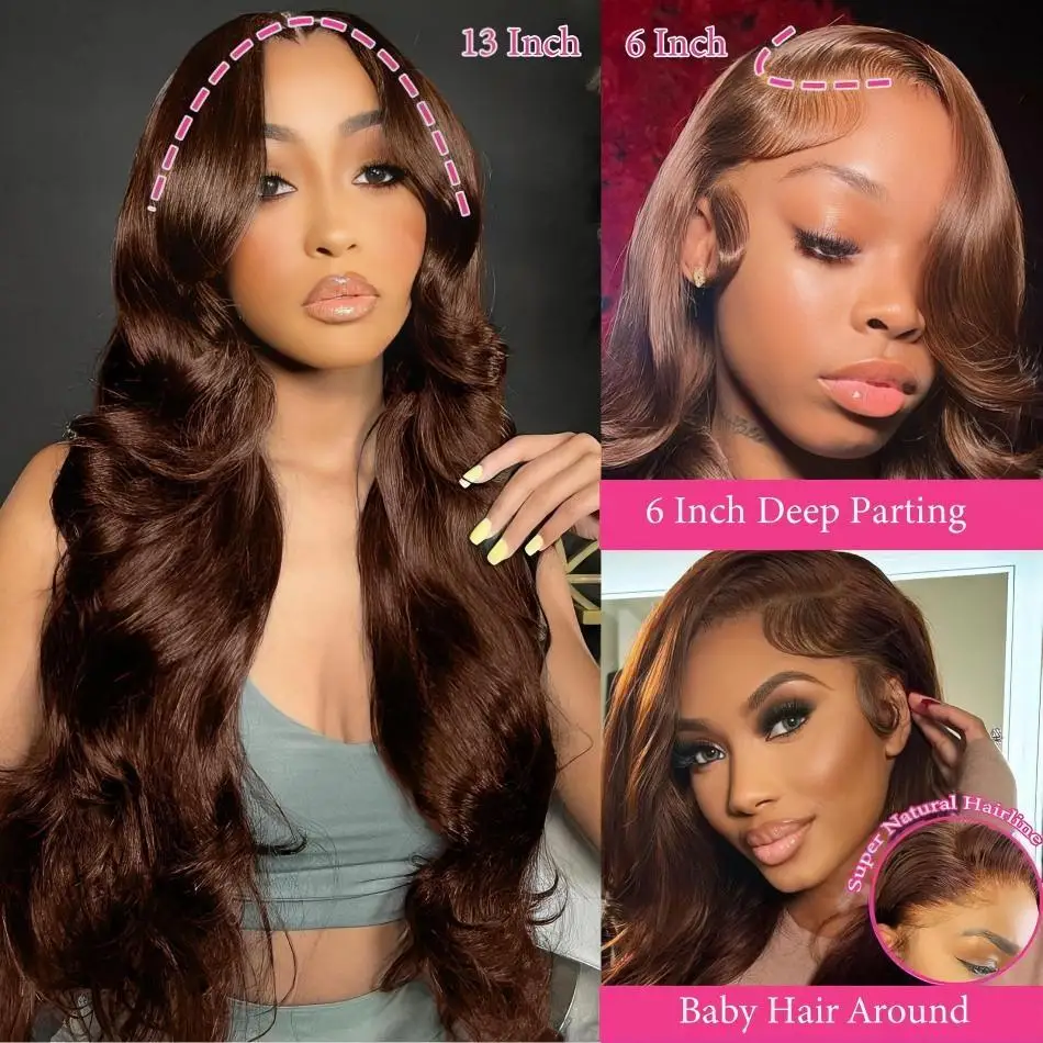 Wiggogo Chocolate Brown Lace Front Human Hair Wigs 13x4 13x6 Body Wave Lace Frontal Wigs Pre Plucked Dark Brown Colored Wigs image 3
