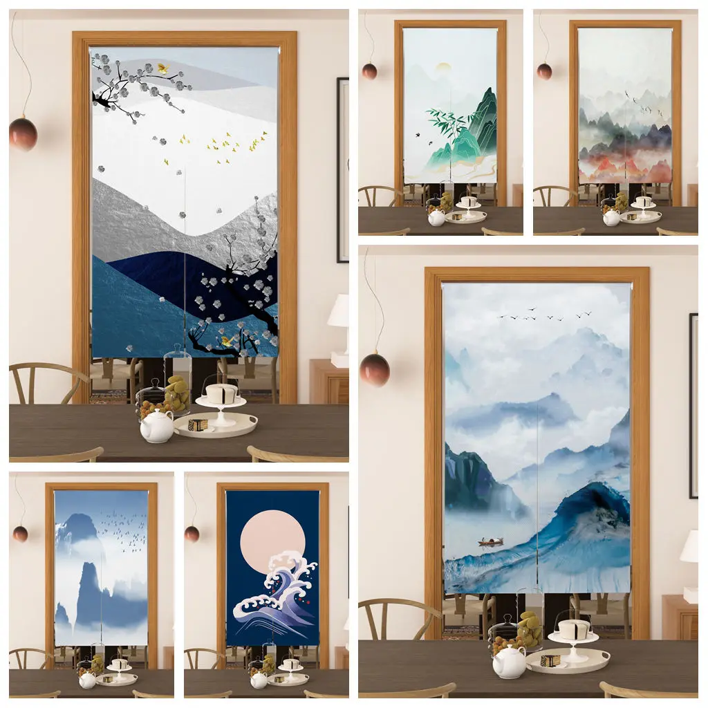 Noren Door Curtain Japanese Style Ink Mountain Tea House Entrance Drawing Entryway Curtain Hot Spring Linen Hanging Half Curtain