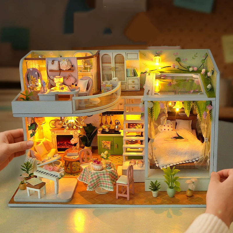 Diy flor de madeira meninas loft casas de boneca kits modelo em miniatura casa de bonecas com móveis quebra-cabeça 3d para amigos presentes aniversário