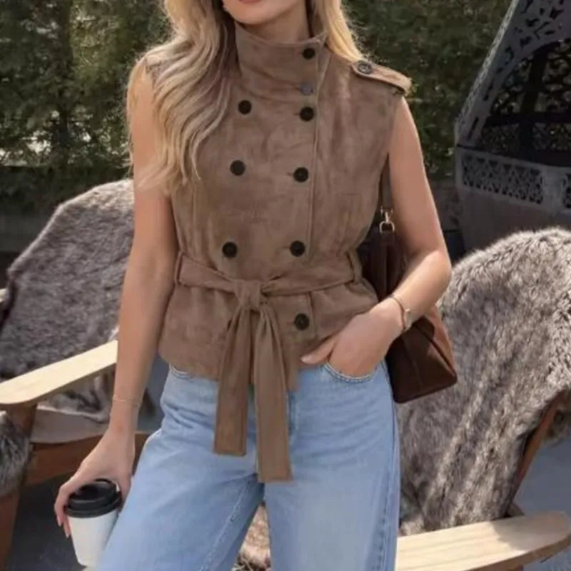 Women's Vest  Autumn Winter Faux Suede With Belt High Neck Sleeveless Double Breasted Waistcoat Fashion Casual Female Street Top