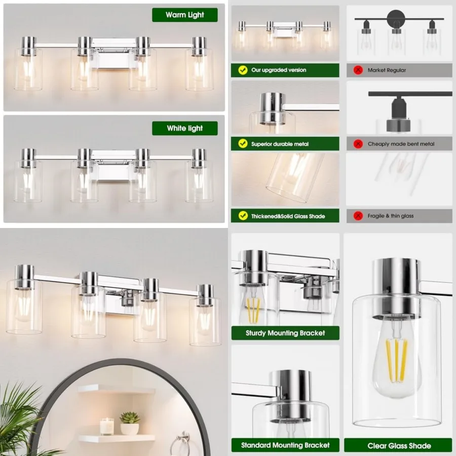 

Modern Vanity Light Fixtures Over Mirror, Chrome Bathroom Light Fixtures, Vanity Lights, Wall Sconce with Clear Glass Shade for