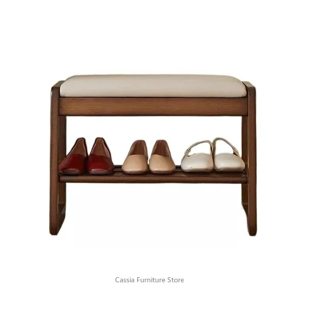 Solid Wood Upholstered Entryway Bench for Home, Long Shoe Changing Stool with Cushion, Space-Saving Hallway Seat