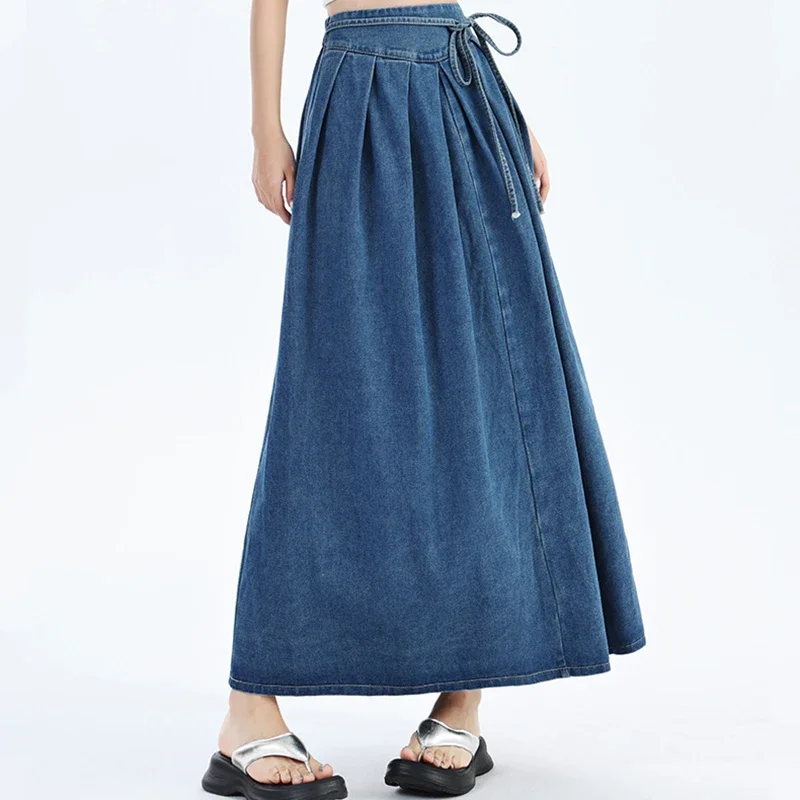 Women High Waist Fashion Loose Denim Skirt Girls Long Pleated A Line Dress Female Elegant Deep Blue Light Blue Skirts Large Size