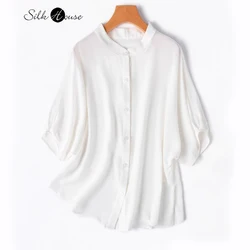 2024 Women's Summer New 100% Natural Mulberry Silk Crepe De Chine White Standing Neck Raglan Batwing Sleeve Loose Casual Shirt