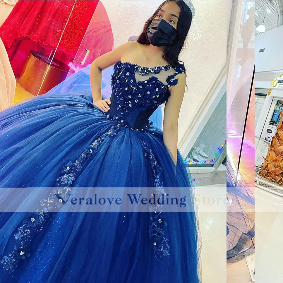 Vestido azul de Quinceañera de 15 años, traje de baile de graduación, con apliques de un hombro, personalizado