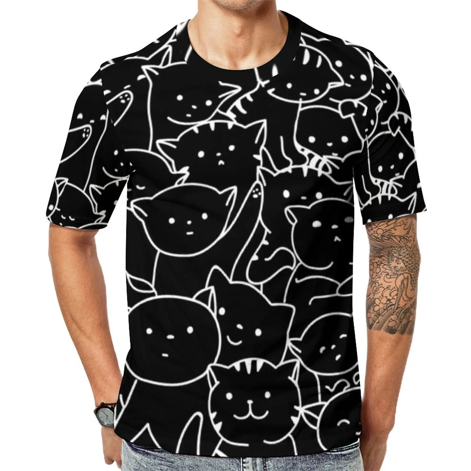 

Big Size T Shirt Beach Black Cat Meme T Shirts Funny Cats Print Streetwear O Neck Tshirt Man Trendy Graphic Tops