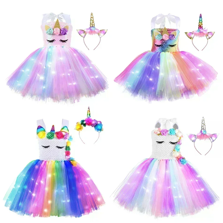 Little Girls Unicorn Cosplay Tutu Dress with LED Cute Cartoon Summer Mesh Princess Kids Glowing Dress Birthday Party for 2-10y