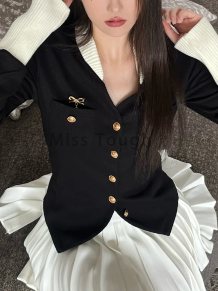 Autumn New Sexy Preppy Style 2 Piece Set Women French Rich Girl Top+High Waist Pleated Skirt Female Fashion Wear Skirt Suit